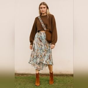 Vintage Y2k Boho Fairycore Blue and Brown Paisley Midi Skirt Flare Hem XL